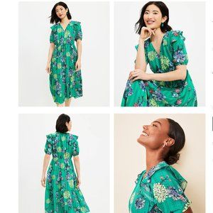 Floral Ruffle V-Neck Midi Dress LOFT size small, Floral Green lined spring EUC